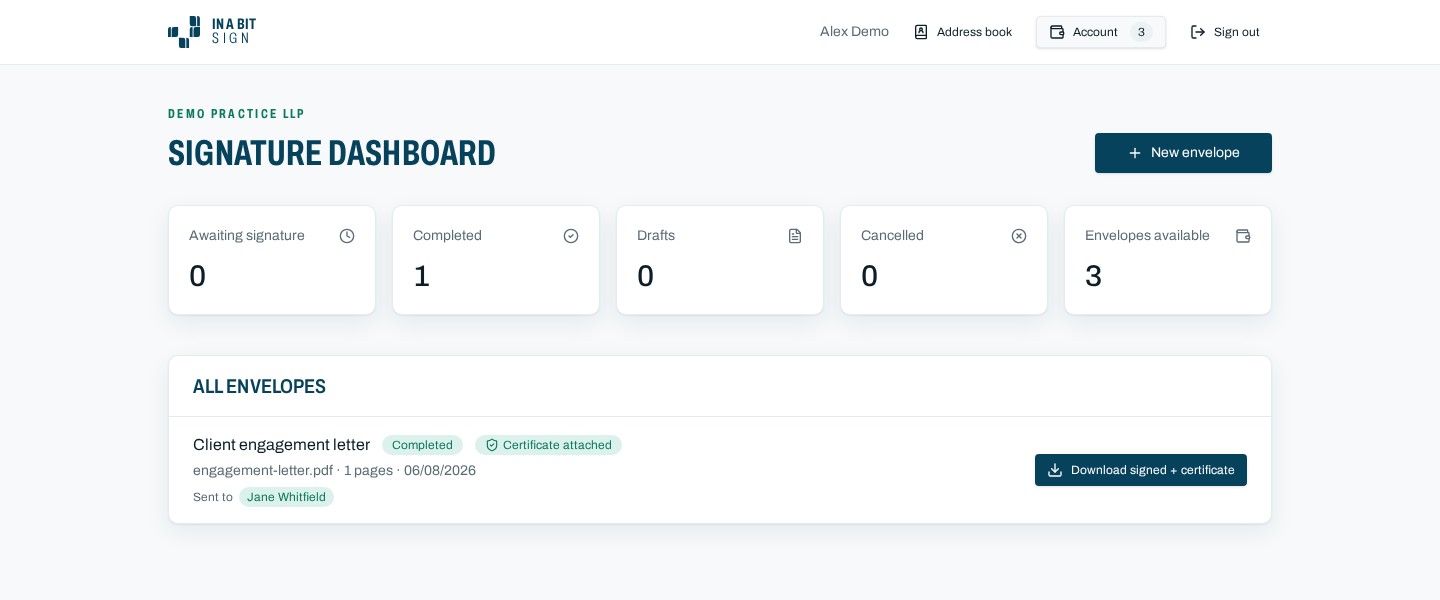 The In a bit sign dashboard showing a completed engagement letter
